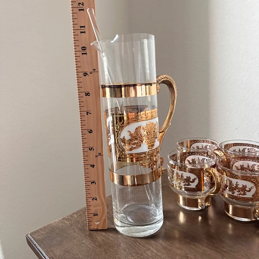 Vintage 22K Gold Filigree Glass Pitcher and 6 Mug Set with Stirrer MCM Barware